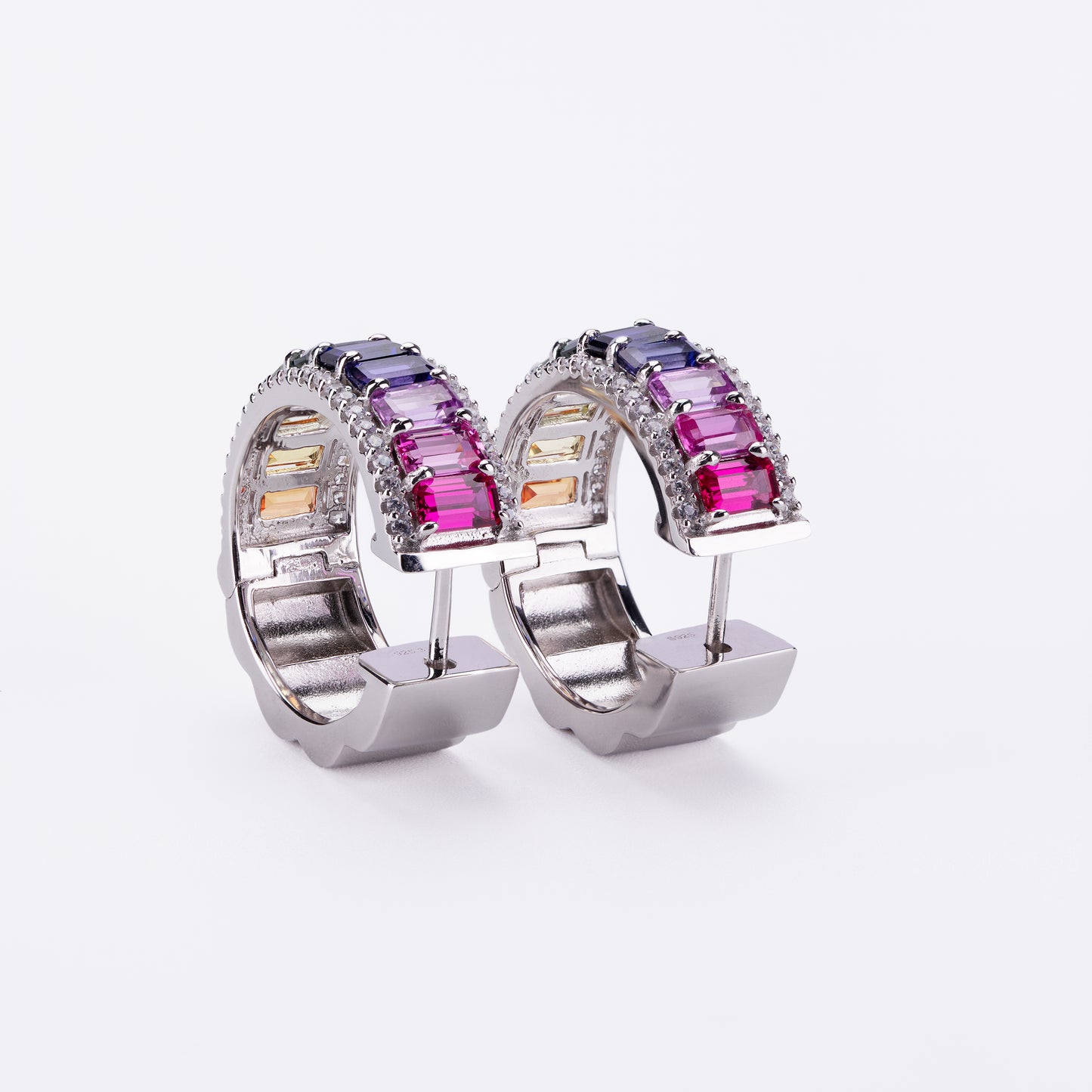 minimalist rainbow sapphire huggie hoop earrings in s925 sterling silver, multicolor gemstone hoops, dainty everyday earrings