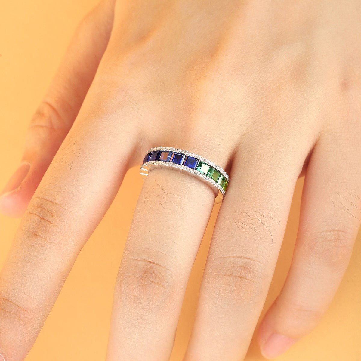 s925 sterling silver rainbow sapphire ring – full eternity multicolor ring – rainbow princess band –colorful gemstone ring for women