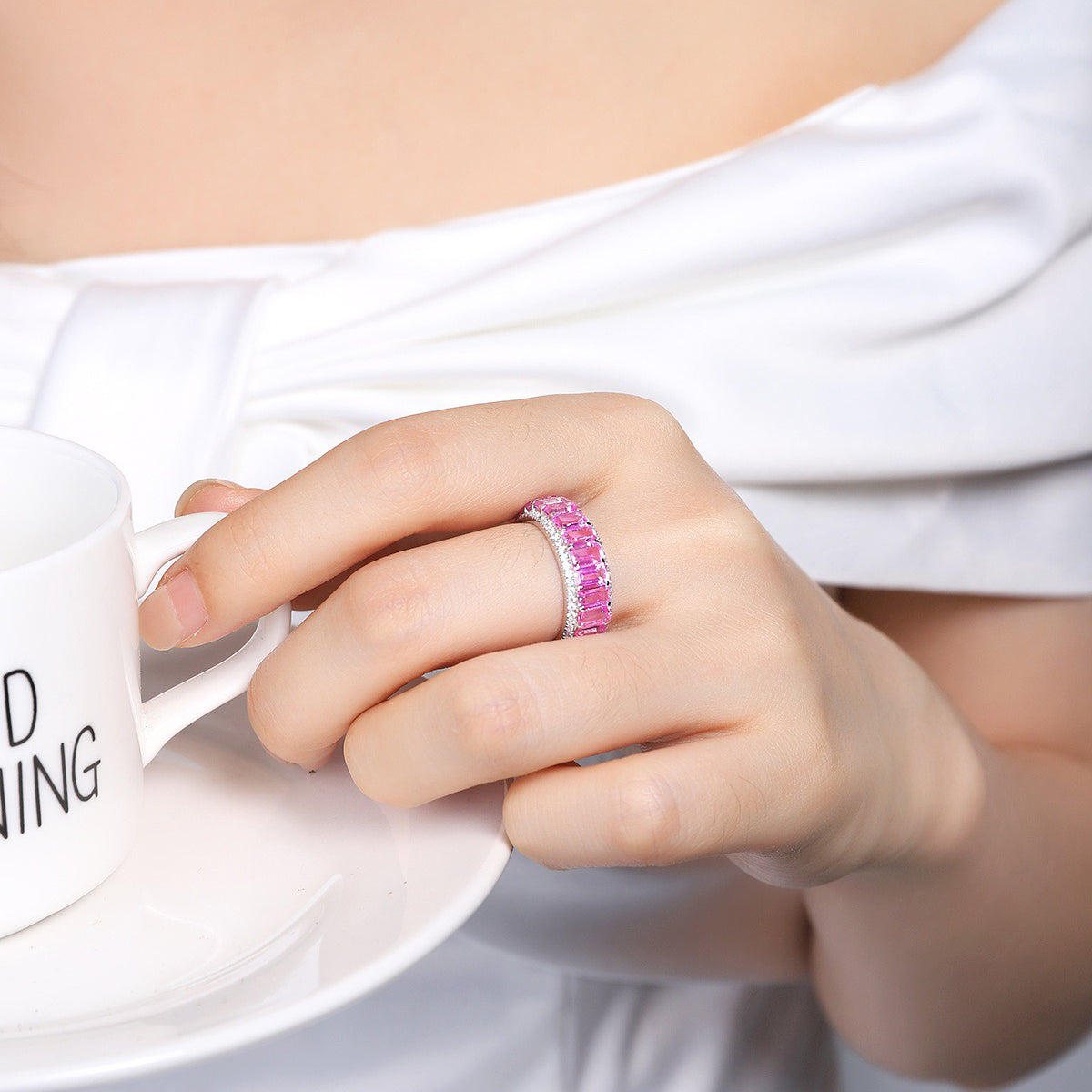 light pink sapphire eternity ring sterling silver, emerald cut band dainty stacking ring, pave sapphire ring dainty jewelry birthday gift