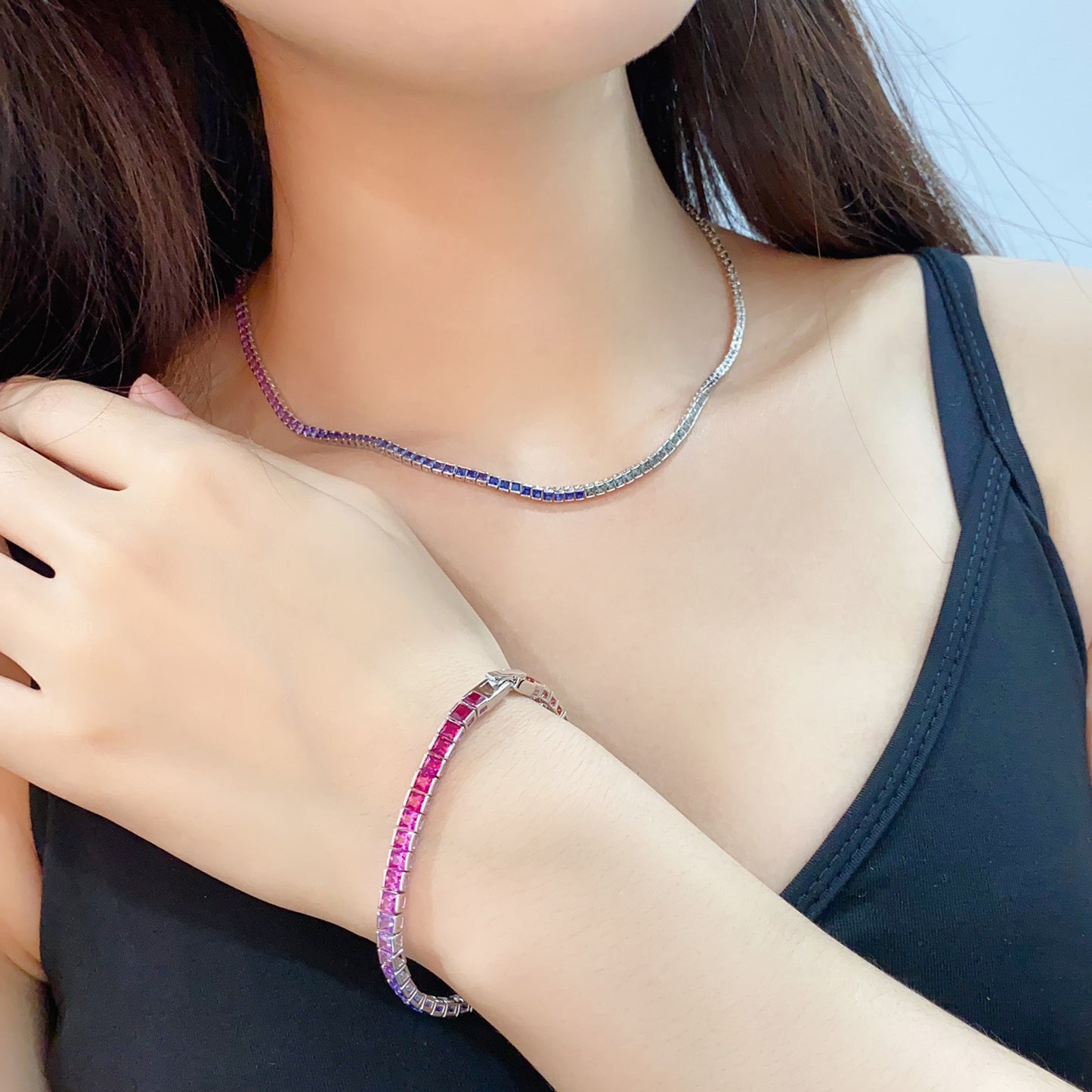 rainbow sapphire princess cut bezel tennis necklace in s925 sterling silver,multicolor gemstone choker,dainty layering necklace,gift for her
