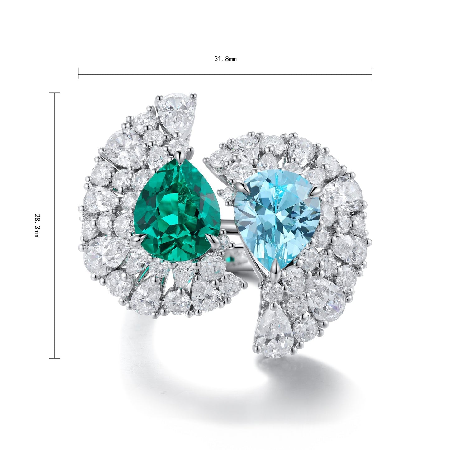 toi et moi emerald aquamarine ring – pear cut sterling silver engagement ring – two stone birthstone ring – romantic promise gift for her