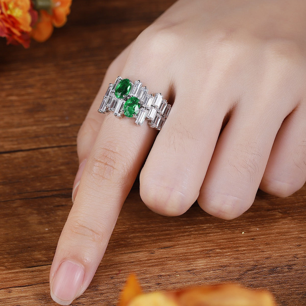 two stone emerald engagement ring – oval cut emerald vintage sterling silver ring – baguette cz cluster bridal promise ring gift for her