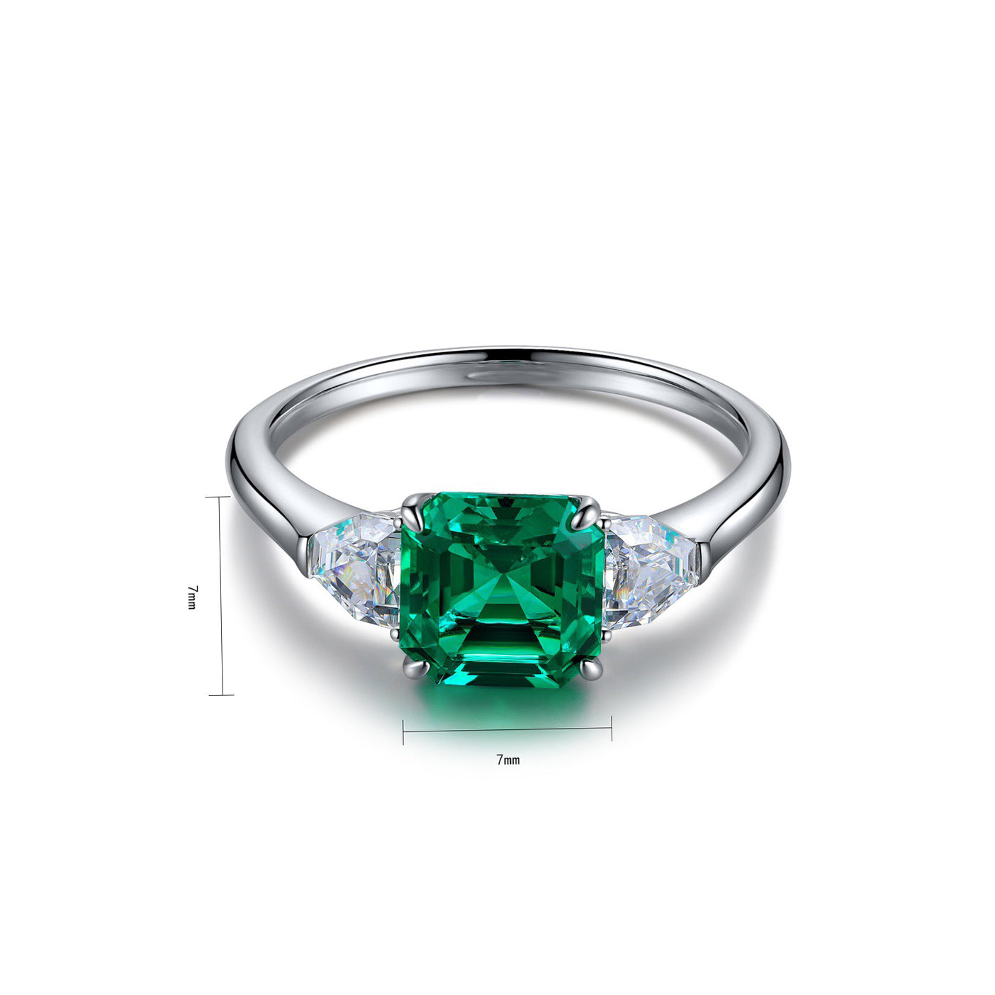 lab created emerald asscher cut ring,green emearld ring,square solitaire ring,sterling silver three stone ring,may birthstone,gift for her