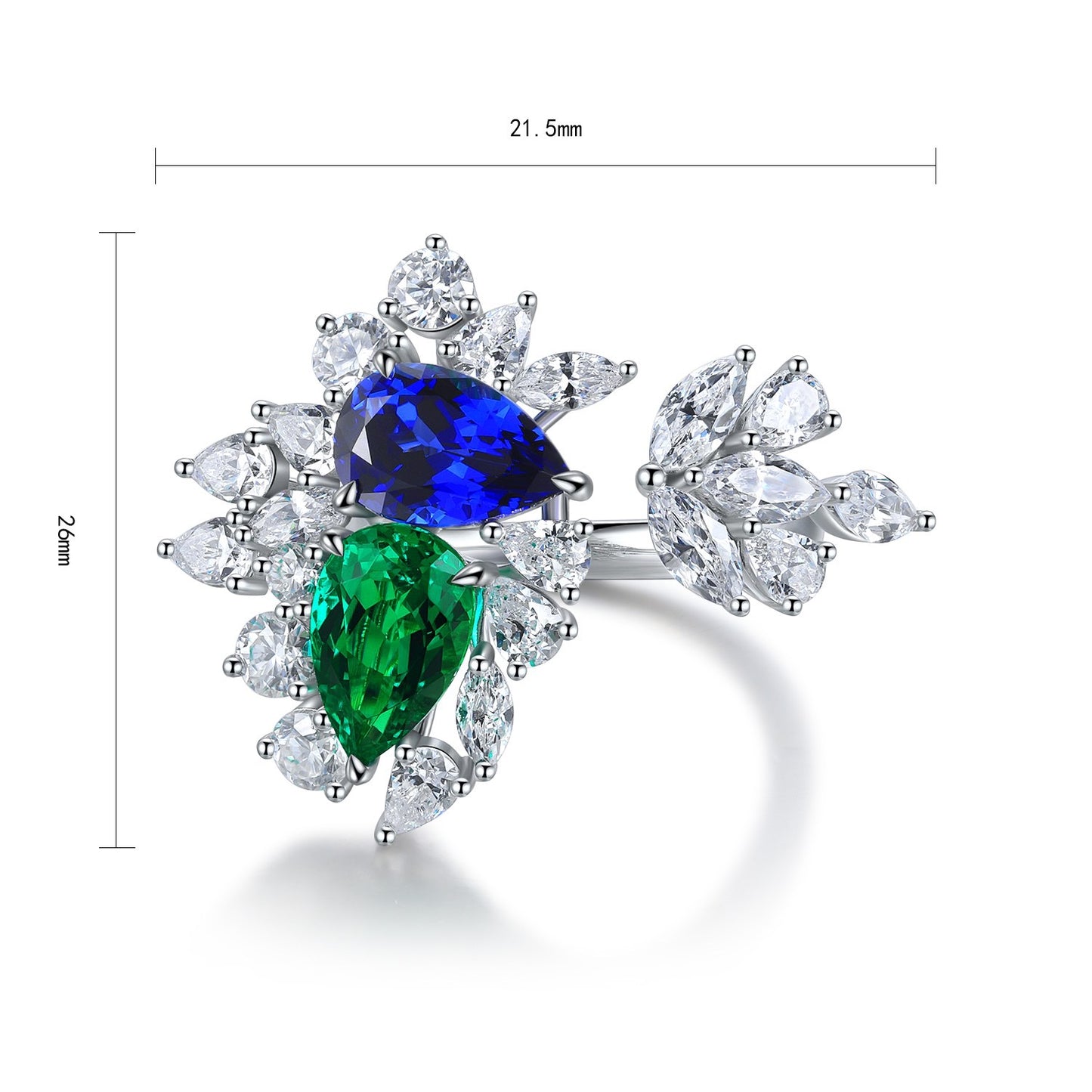 emerald sapphire pear cut ring – s925 sterling silver – art deco engagement ring – green blue gemstone gift for her