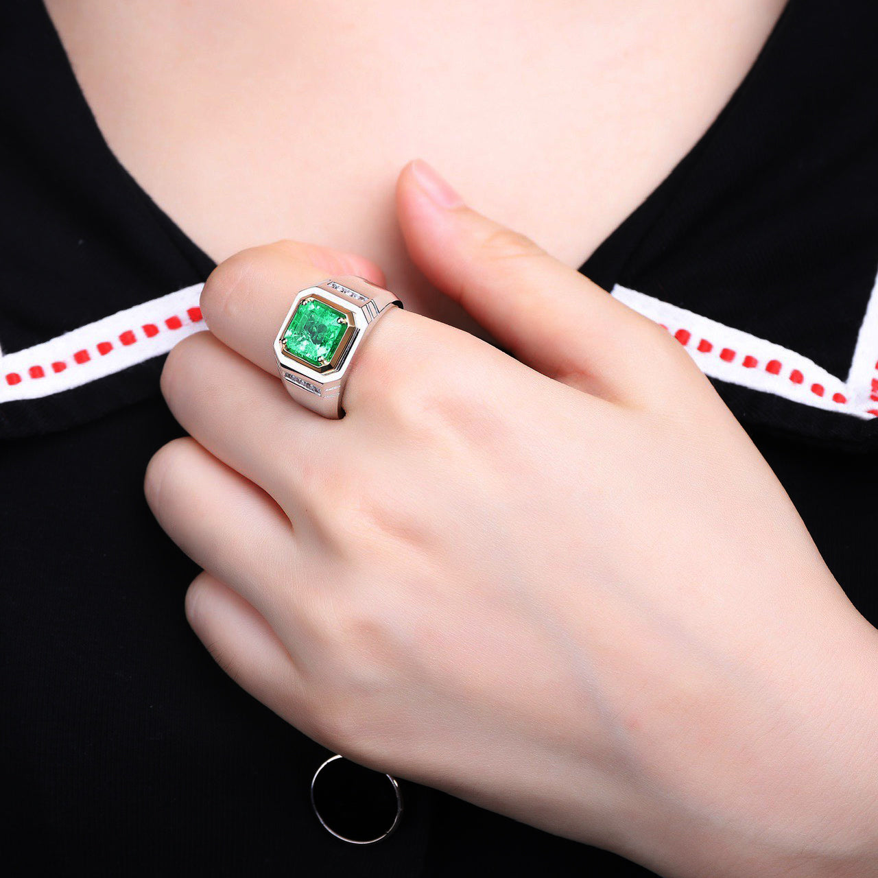 s925 sterling silver lab men's lab ruby/emerald & cz diamond ring