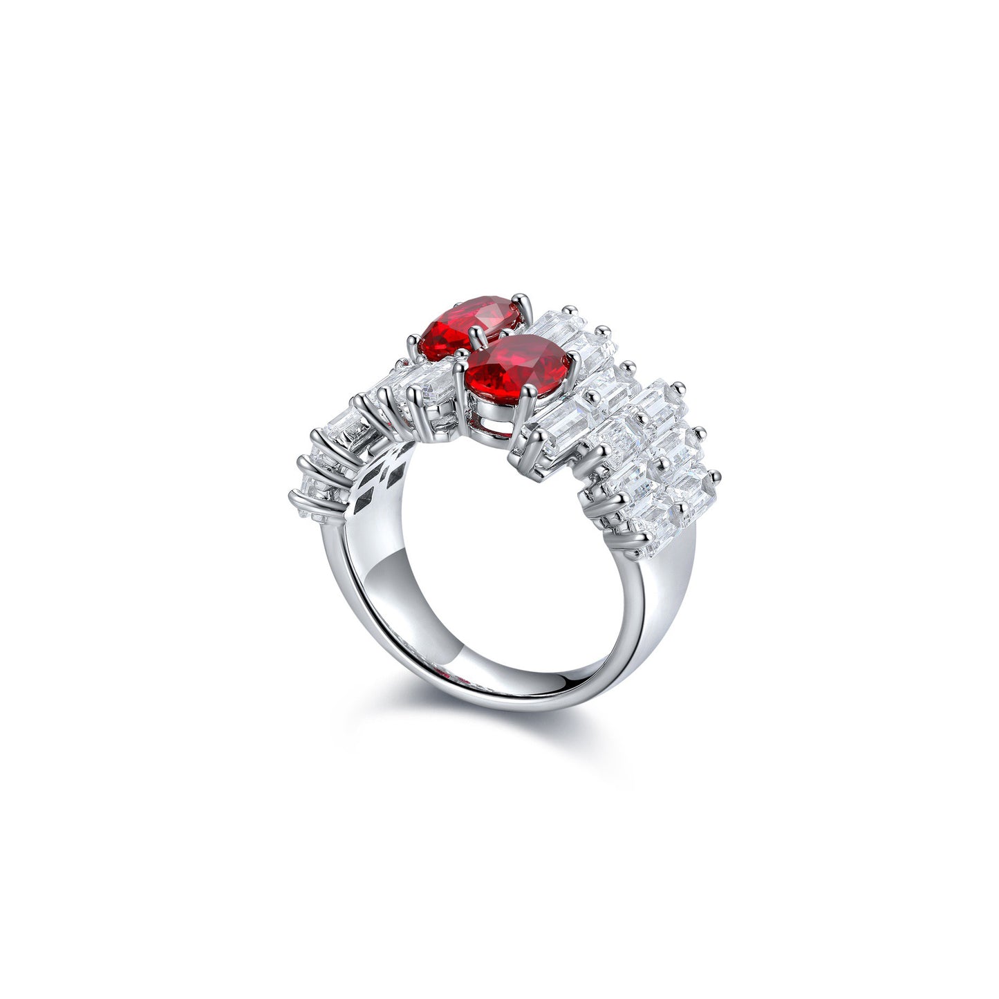 oval ruby ring with irregular baguette cz accent,sterling silver engagement ring,unique baguette band, red gemstone ring gift for her