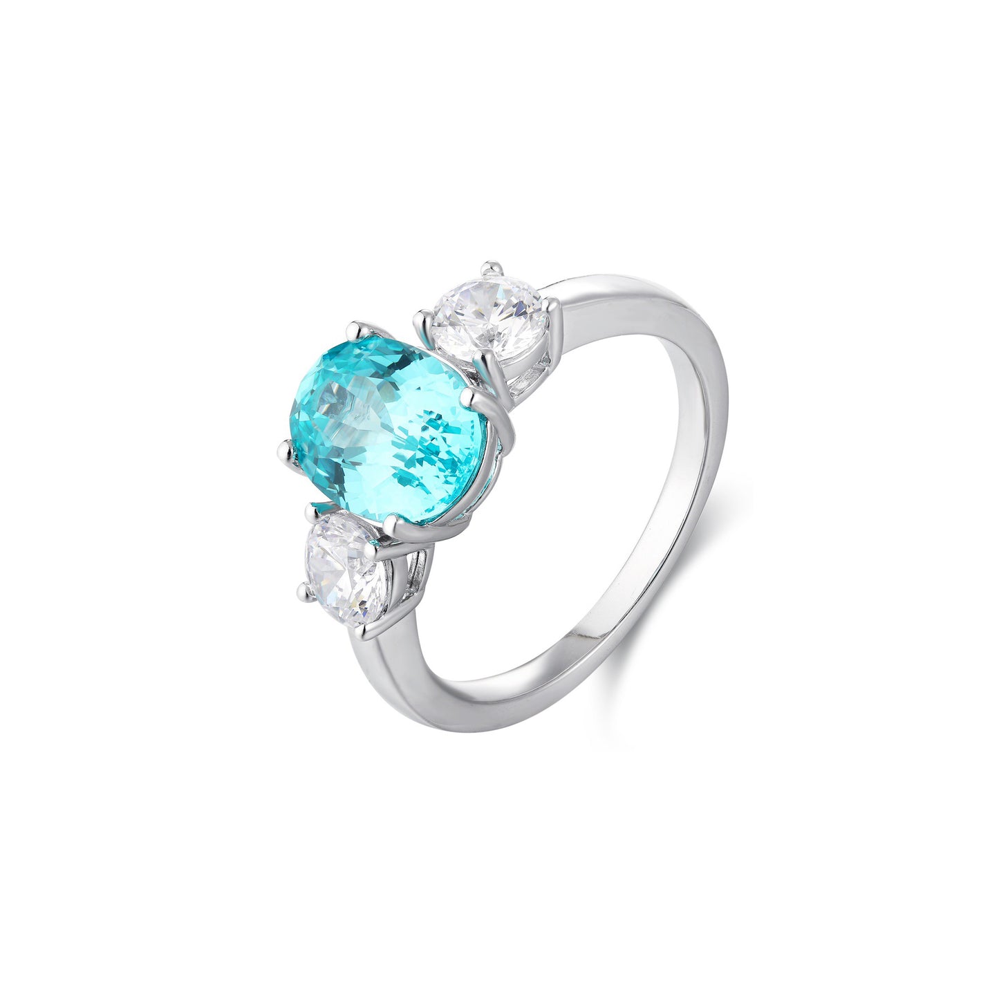 paraiba tourmaline engagement ring,oval neon blue paraiba ring,three stone gemstone ring,sterling silver promise ring,october birthstone