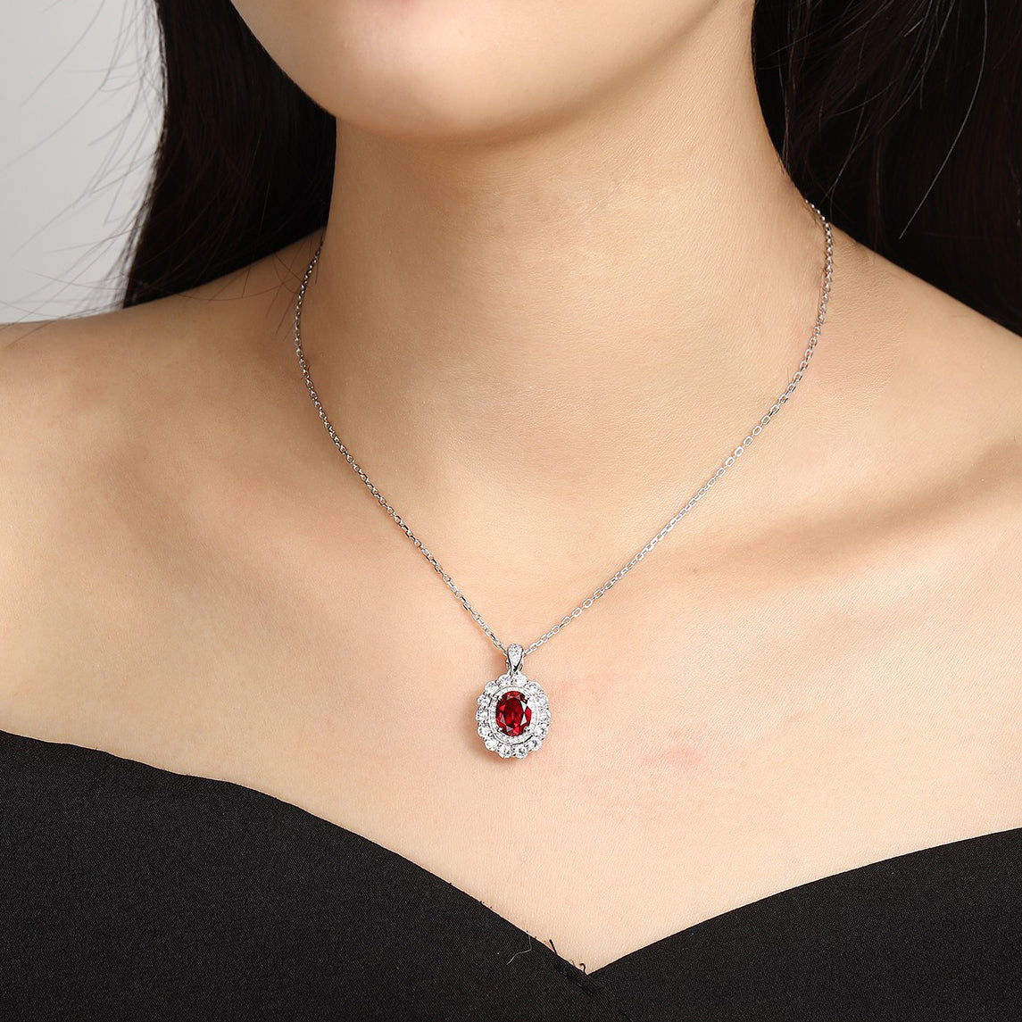 s925 sterling silver lab ruby & cz diamond necklace