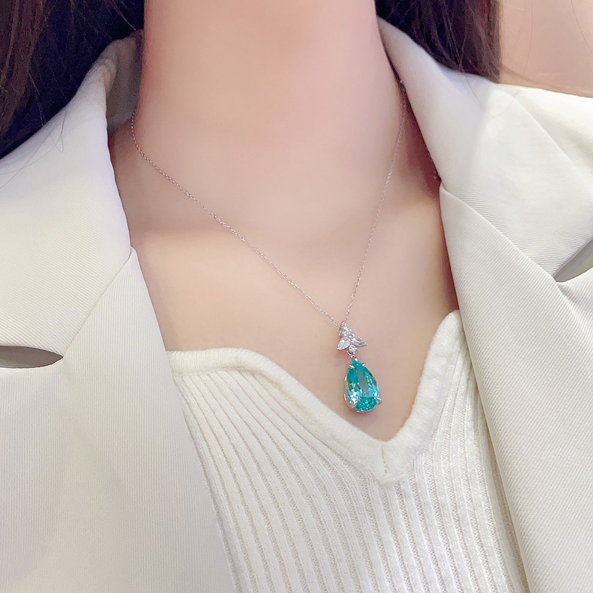 s925 sterling silver lab sapphire/paraiba & cz diamond necklace