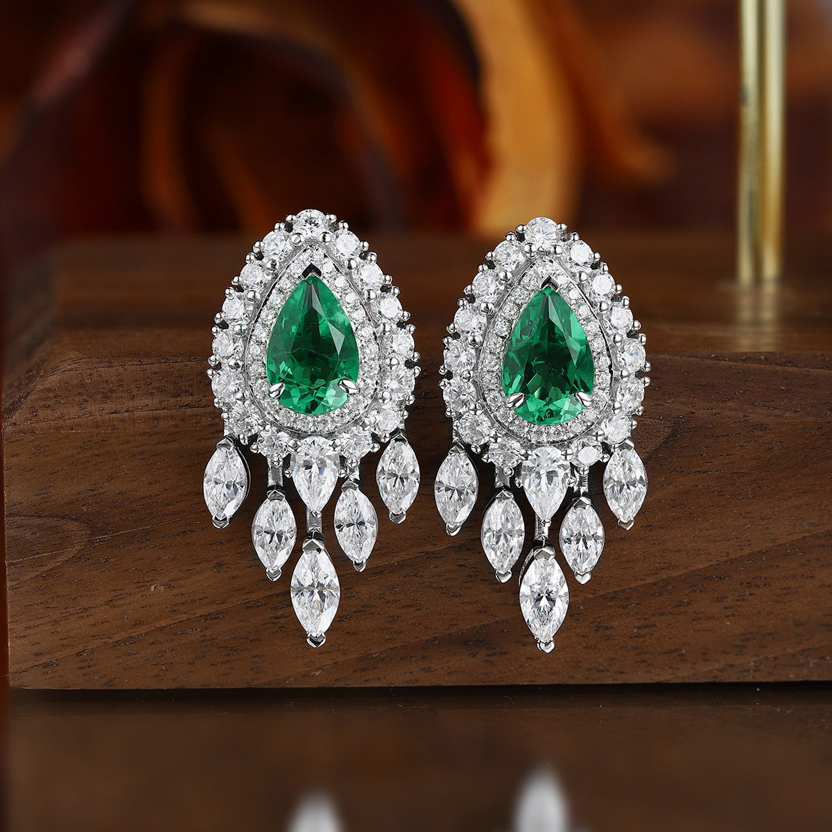 s925 sterling silver lab emerald & cz diamond earrings