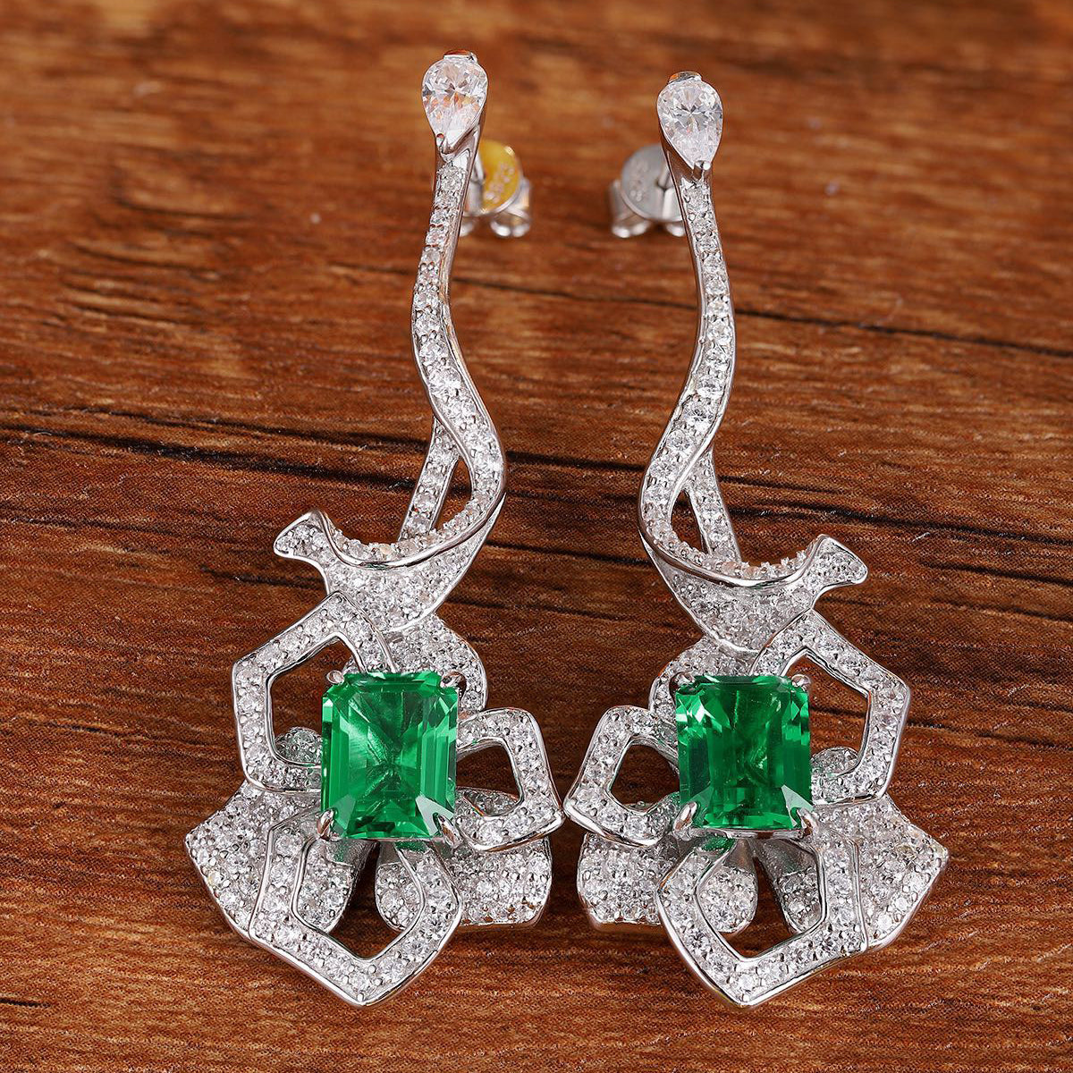 s925 sterling silver lab emerald & cz diamond earrings