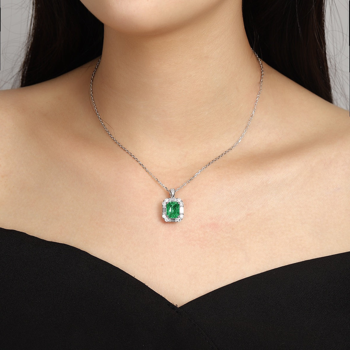 s925 sterling silver lab emerald/ruby & cz diamond necklace