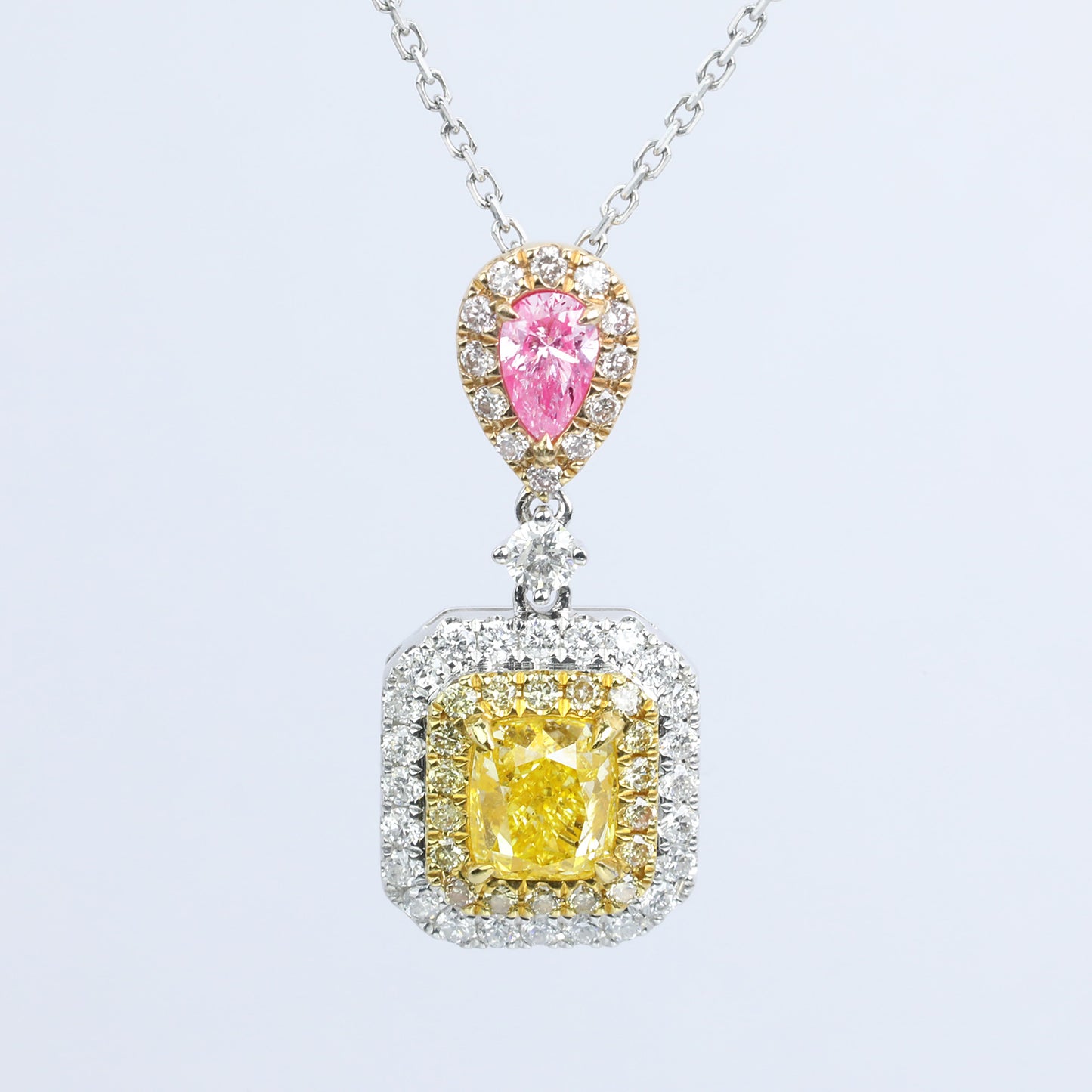 14k gold 1.64 ctw natural yellow diamond & pink diamond pendant necklace
