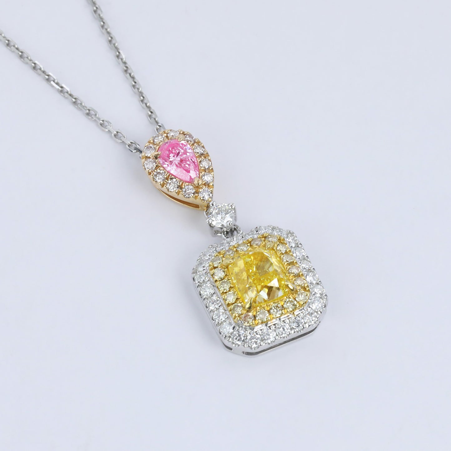 14k gold 1.64 ctw natural yellow diamond & pink diamond pendant necklace
