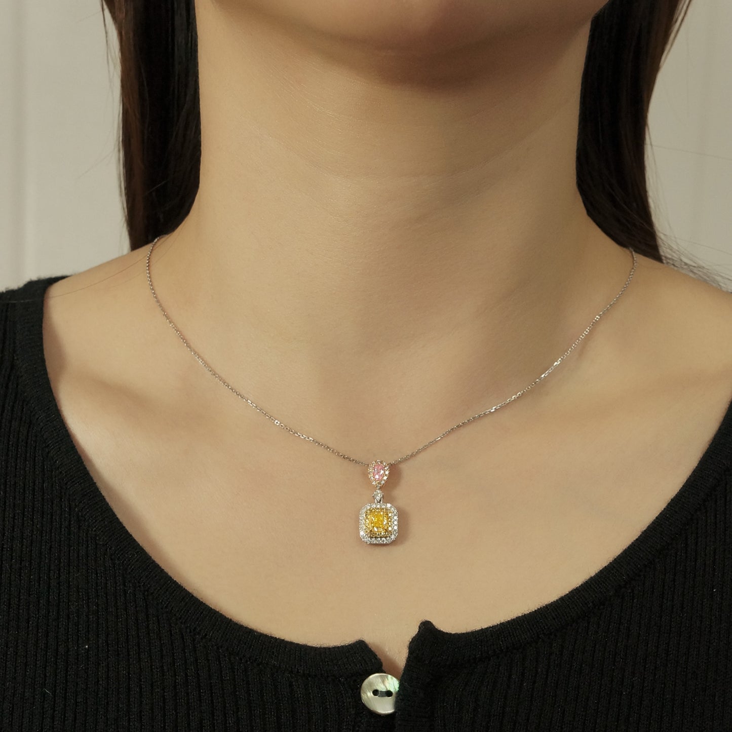 14k gold 1.64 ctw natural yellow diamond & pink diamond pendant necklace