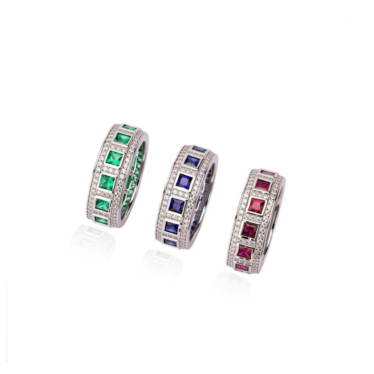 s925 sterling silver lab emerald/ruby/sapphire & cz diamond ring