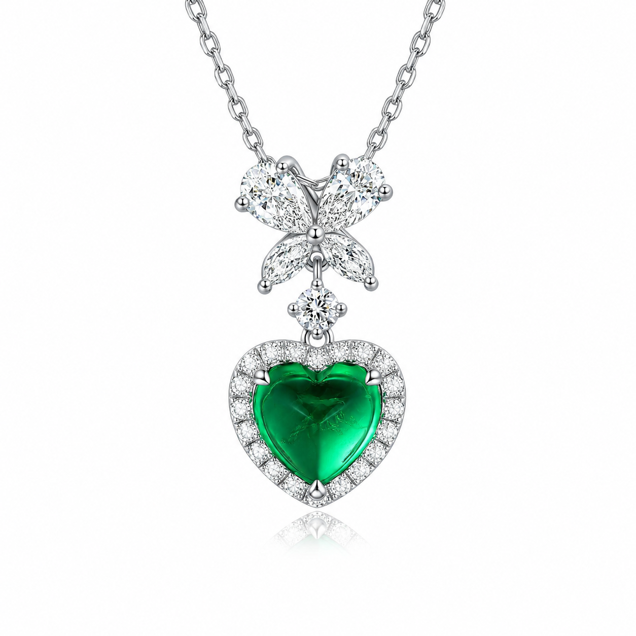 green emerald heart shaped pendant necklace in s925 sterling silver ,18k white gold plated