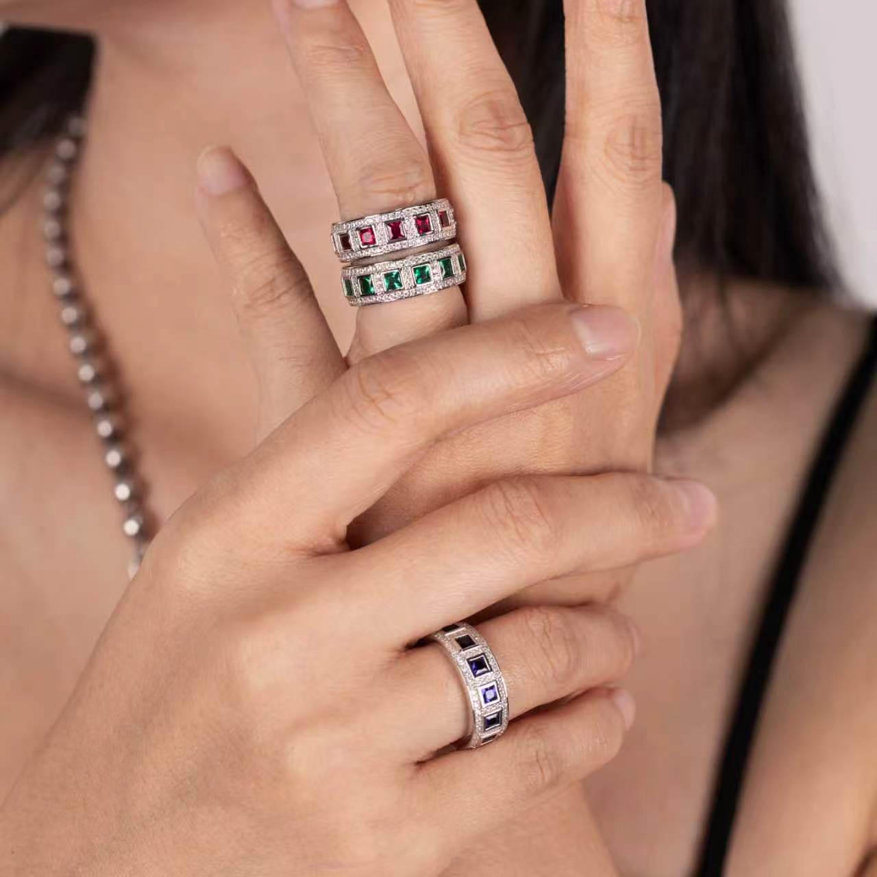 s925 sterling silver lab emerald/ruby/sapphire & cz diamond ring
