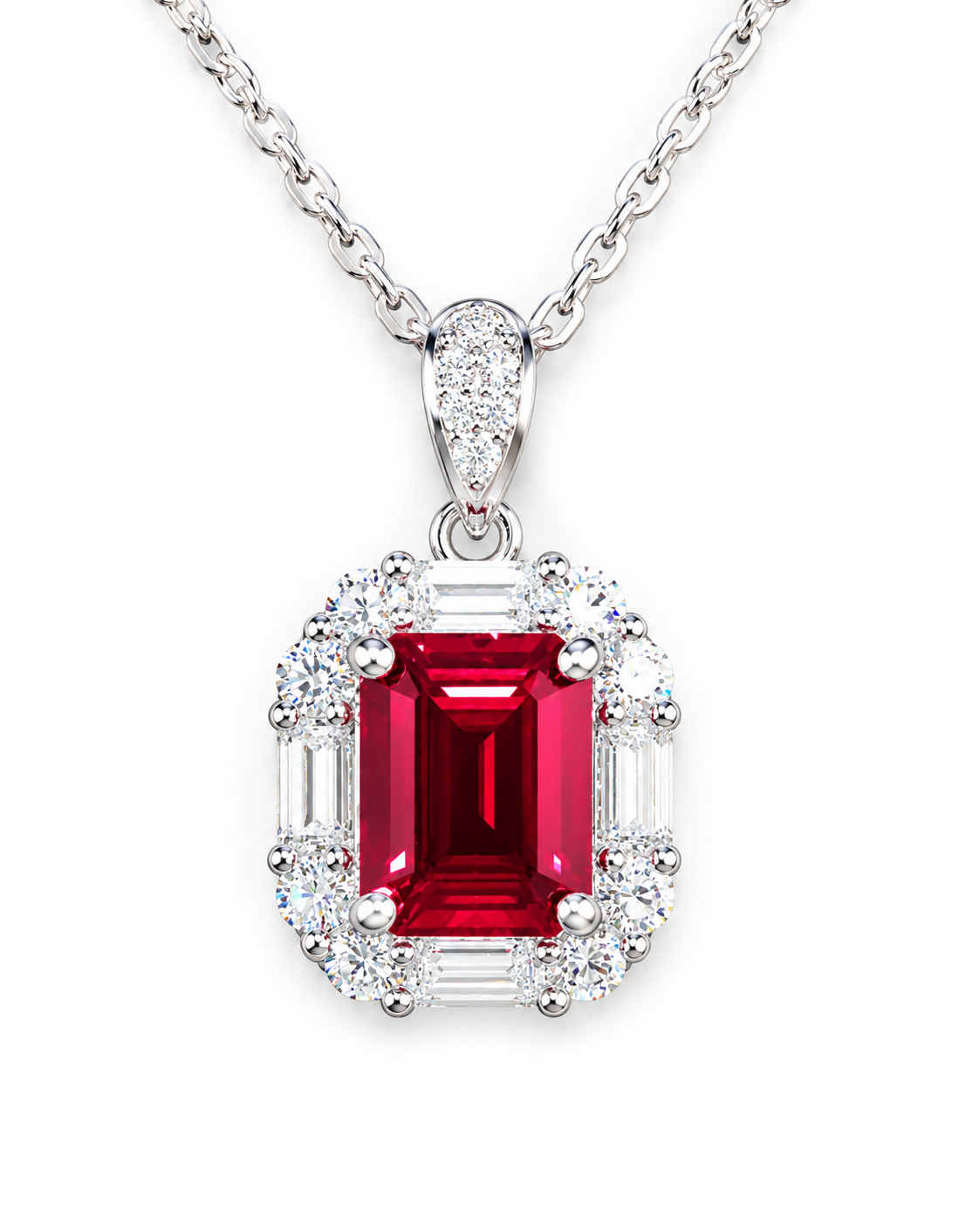 s925 sterling silver lab emerald/ruby & cz diamond necklace