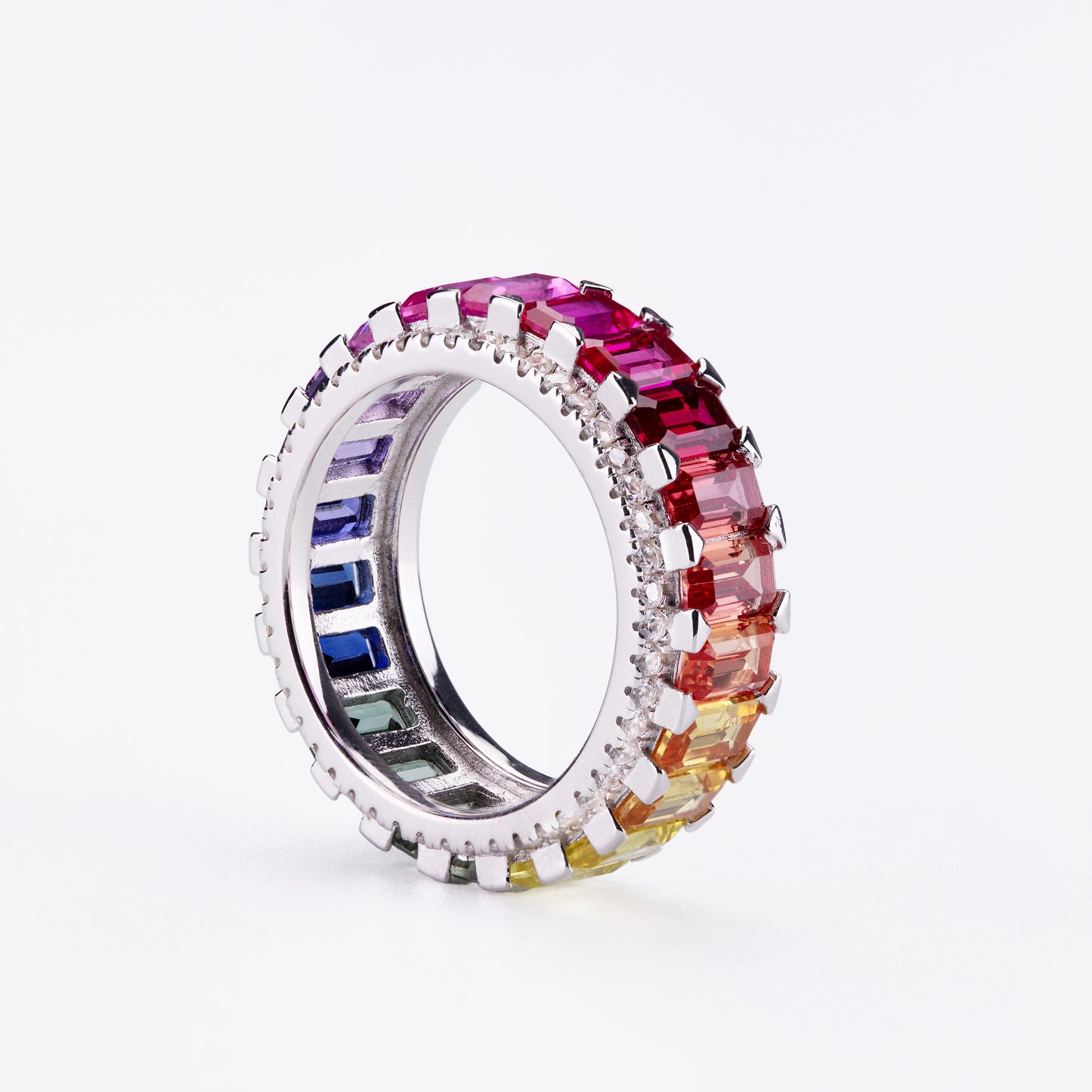 s925 sterling silver lab multi-color sapphire/pink sapphire/emerald & cz diamond ring