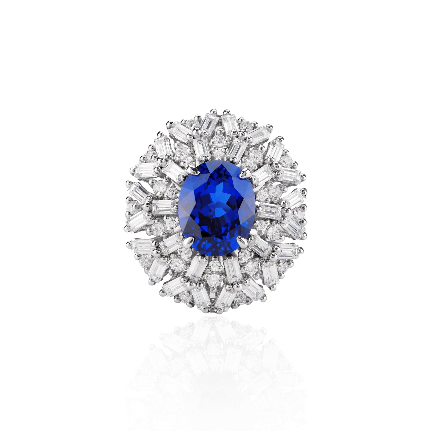 royal blue oval sapphire double halo engagement ring in sterling silver s925, art deco wedding promise ring for her