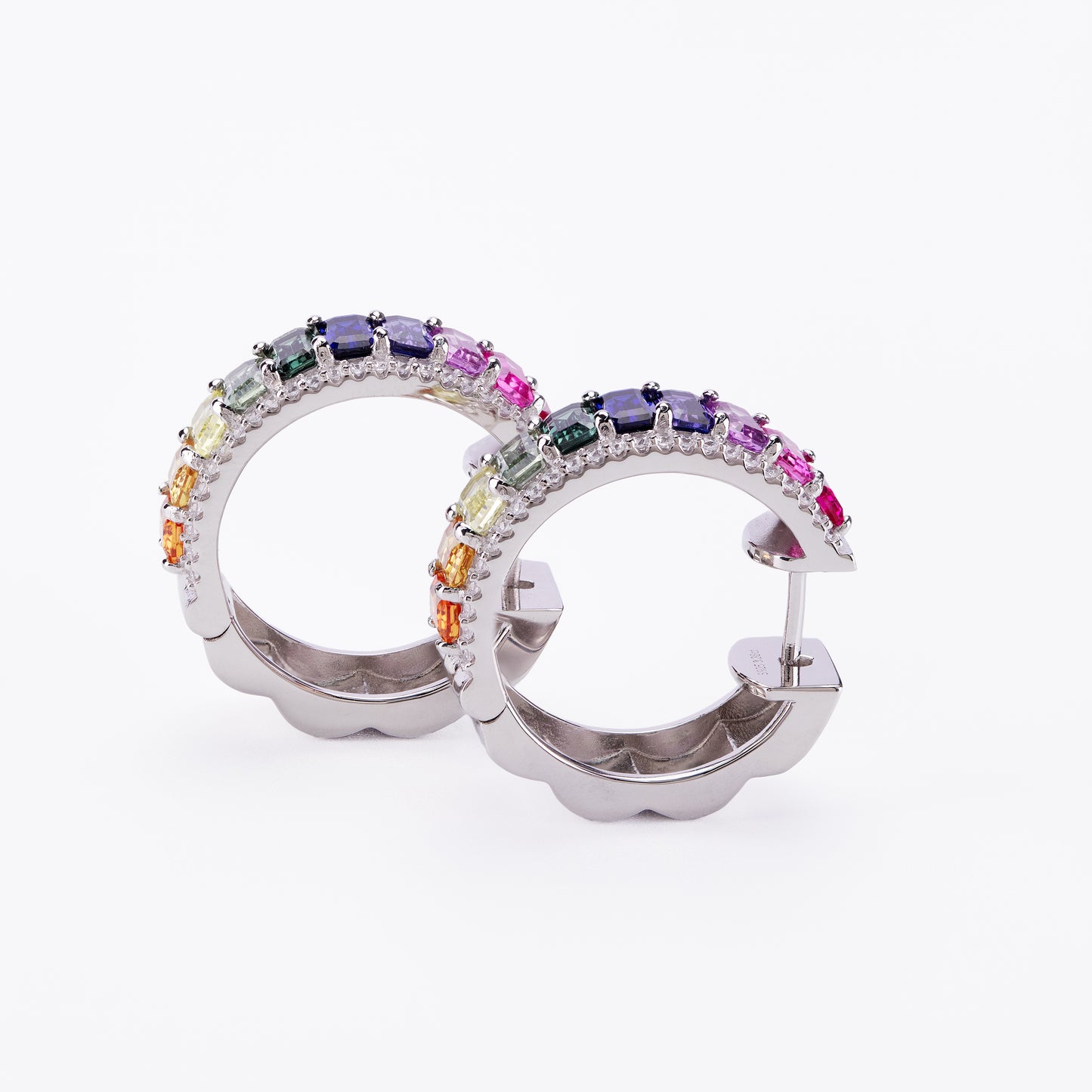 minimalist rainbow sapphire huggie hoop earrings in s925 sterling silver, multicolor gemstone hoops, dainty everyday earrings