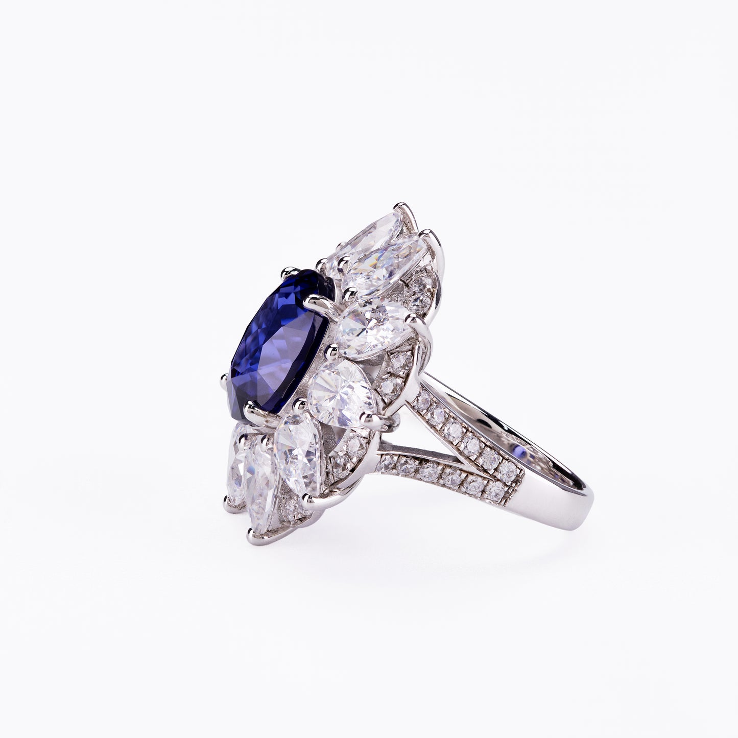 oval royal blue sapphire ring in s925 sterling silver, floral halo cz diamond engagement ring, bridal wedding promise ring for her