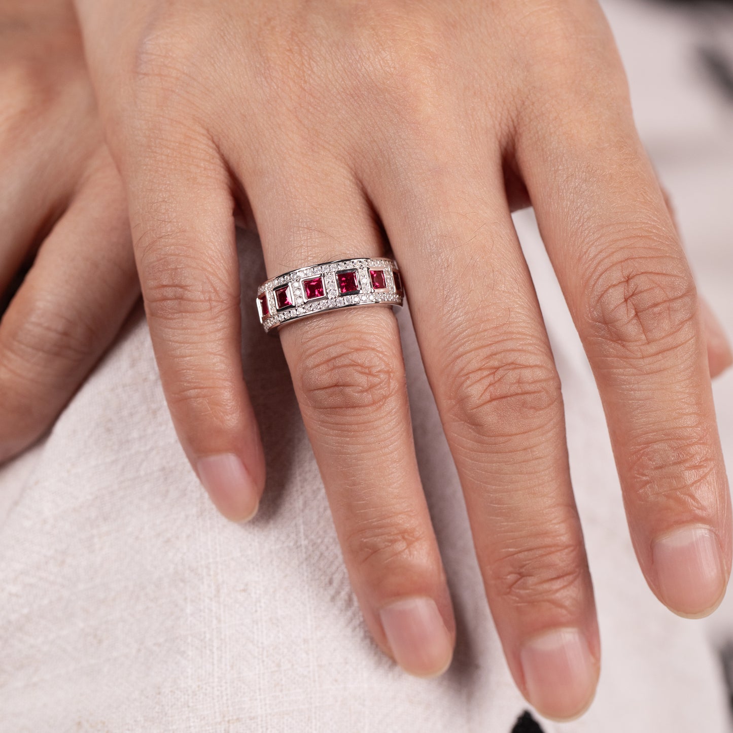 s925 sterling silver lab emerald/ruby/sapphire & cz diamond ring