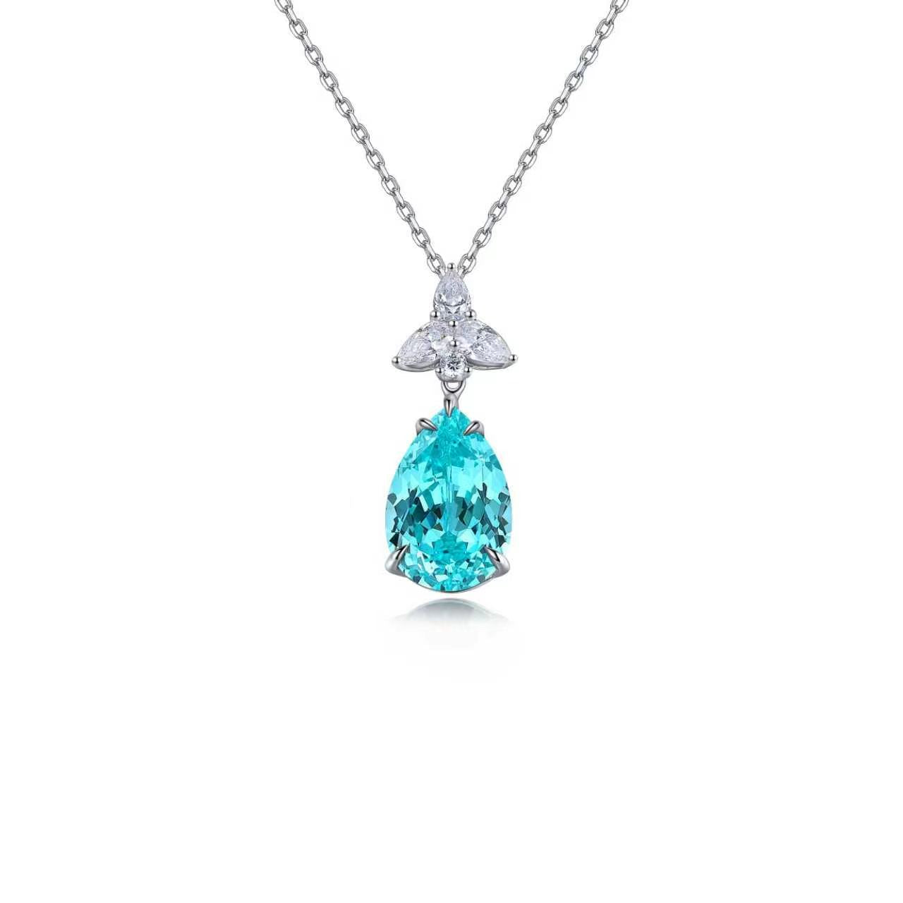 s925 sterling silver lab sapphire/paraiba & cz diamond necklace