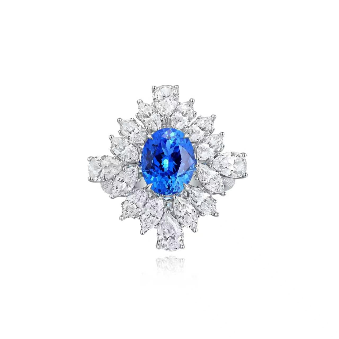 s925 sterling silver lab cobalt spinel/paraiba & cz diamond ring