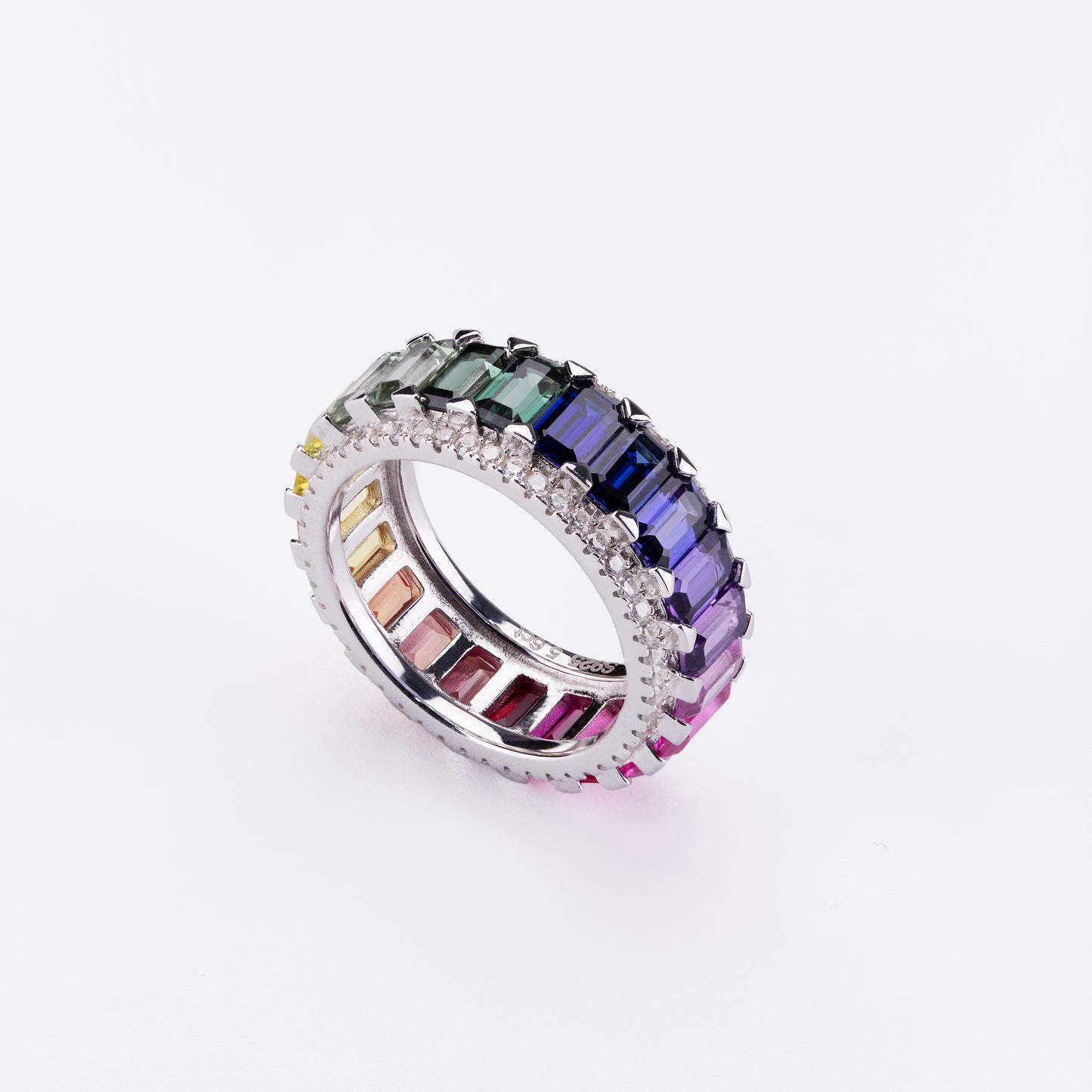 s925 sterling silver lab multi-color sapphire/pink sapphire/emerald & cz diamond ring