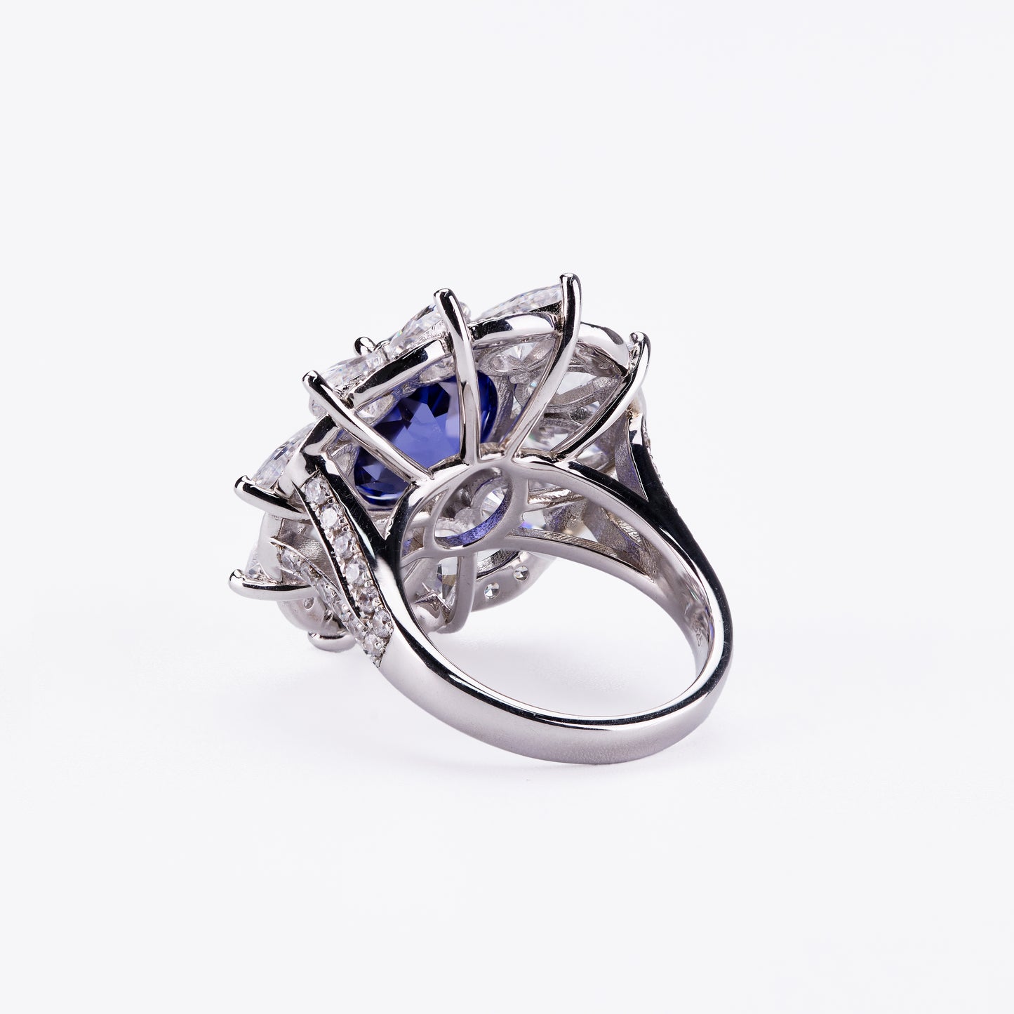 oval royal blue sapphire ring in s925 sterling silver, floral halo cz diamond engagement ring, bridal wedding promise ring for her