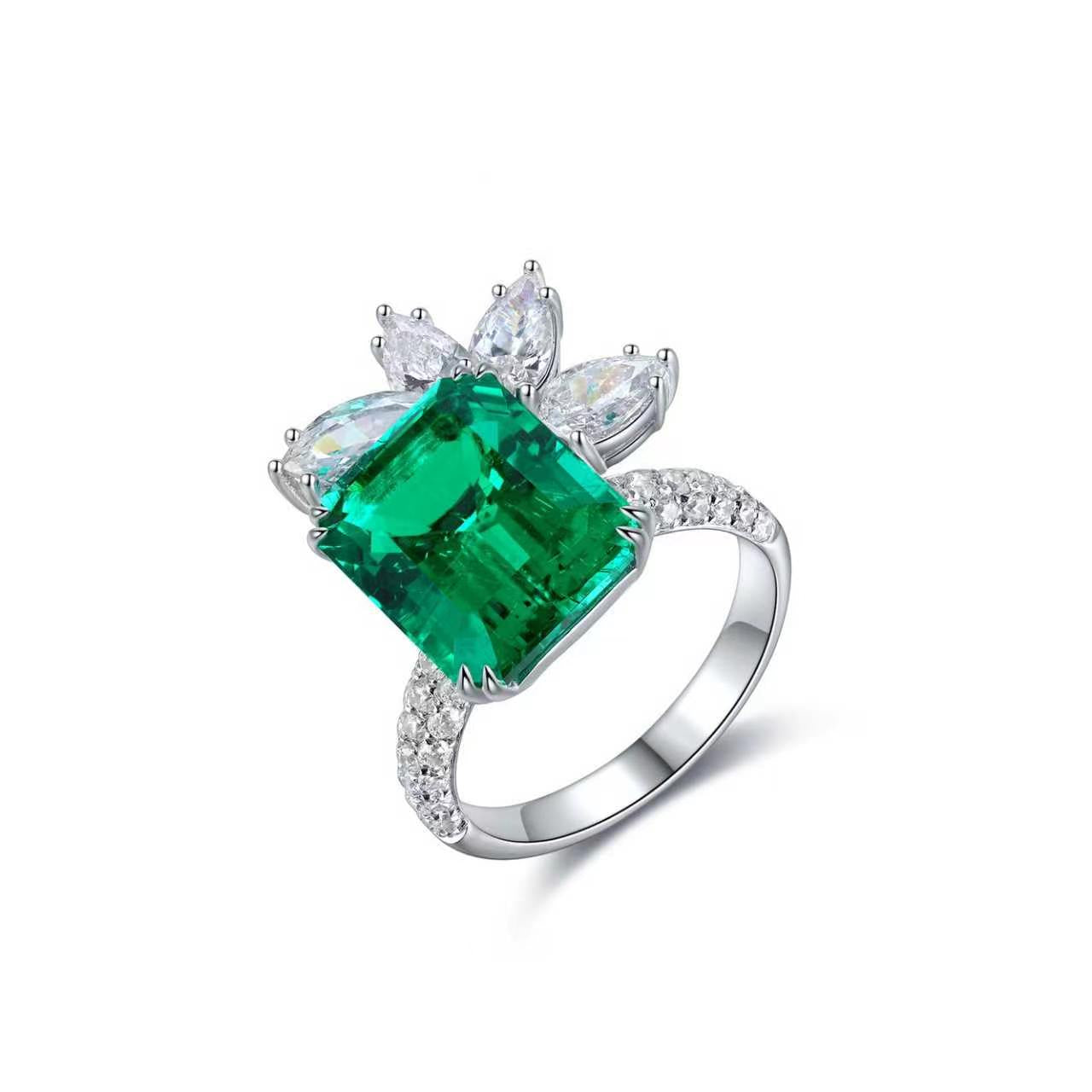 s925 sterling silver lab emerald & cz diamond ring