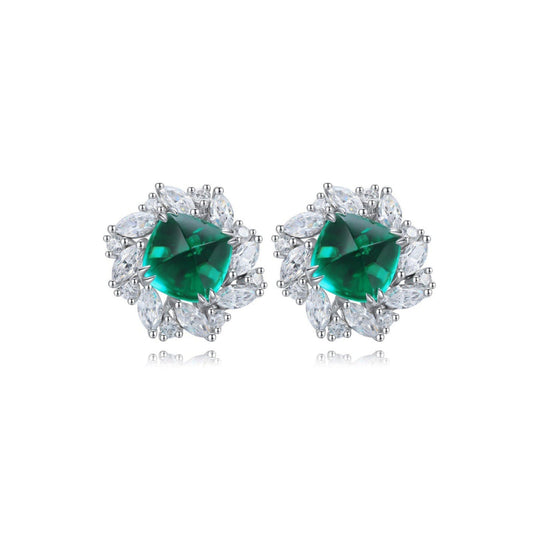 S925 Sterling Silver Lab Emerald/Sapphire/Ruby/Paraiba & CZ Diamond Stud Earrings