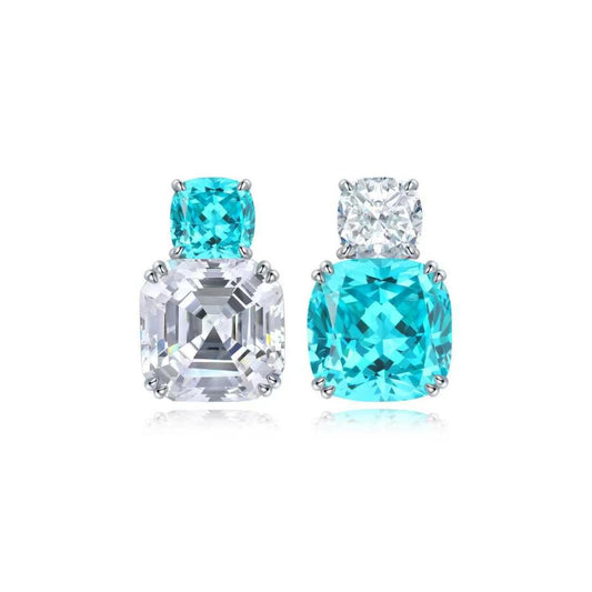 12*12MM Neon Blue Paraiba & CZ Diamond Earrings S925 Sterling Silver,Ocean Blue Gemstone Earrings,Statement Blue Stone Jewelry,Gift for Her