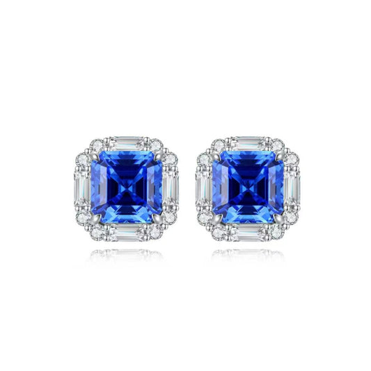 S925 Sterling Silver Lab Cobalt Spinel/Ruby/Sapphire/Emerald/Paraiba & CZ Diamond Stud Earrings