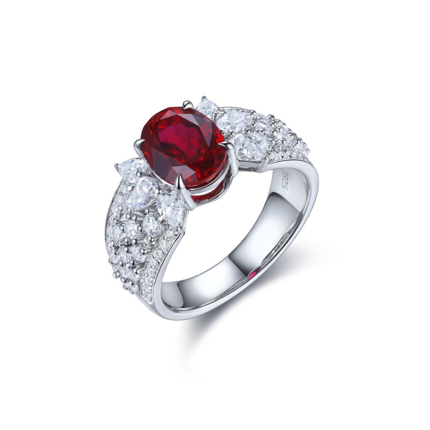 oval ruby ring with thick cz band, unique sterling silver engagement ring, red gemstone statement ring, july birthstone gift for her