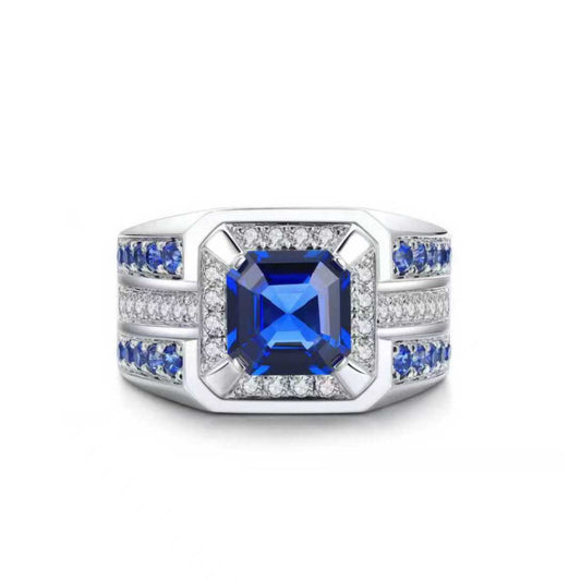 Blue Sapphire Men’s Ring – S925 Sterling Silver Engagement Ring for Men – Gold Band Wedding Ring Anniversary Gift for Him