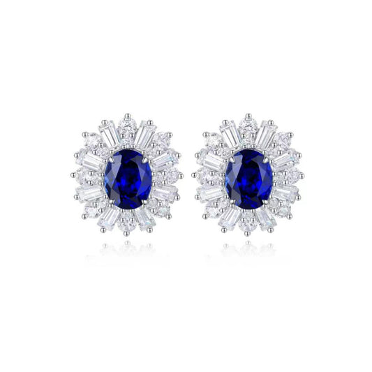 S925 Sterling Silver Lab Sapphire/Emerald/Ruby/Paraiba/Cobalt Spinel & CZ Diamond Stud Earrings