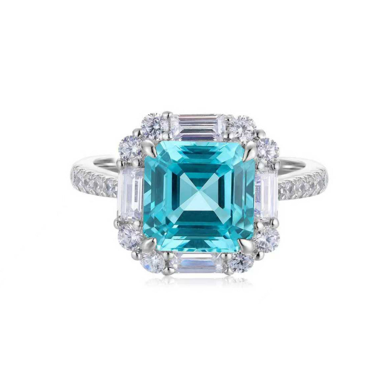 neon blue paraiba tourmaline ring,asscher cut halo engagement ring,baguette cz accent ring,s925 sterling silver engagement ring,gift for her