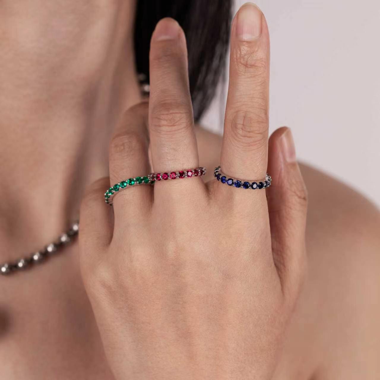 s925 sterling silver lab ruby/emerald/sapphire ring