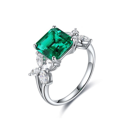 Asscher Cut Emerald Ring with Marquise CZ Accent, Sterling Silver Engagement Ring, Art Deco Green Gemstone Ring, Promise Ring Gift for Her