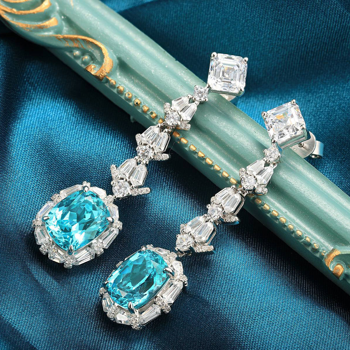 s925 sterling silver lab paraiba/sapphire & cz diamond earrings