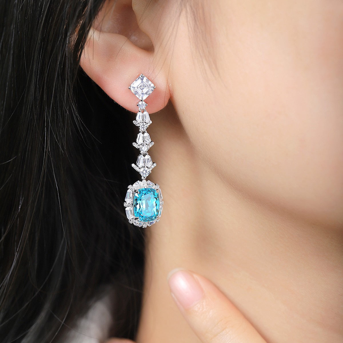 s925 sterling silver lab paraiba/sapphire & cz diamond earrings