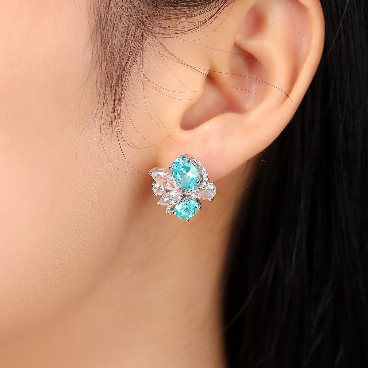 s925 sterling silver lab ruby/paraiba & cz diamond stud earrings