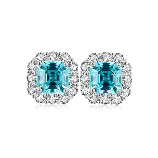 S925 Sterling Silver Lab Paraiba/Emerald/Ruby/Sapphire & CZ Diamond Stud Earrings