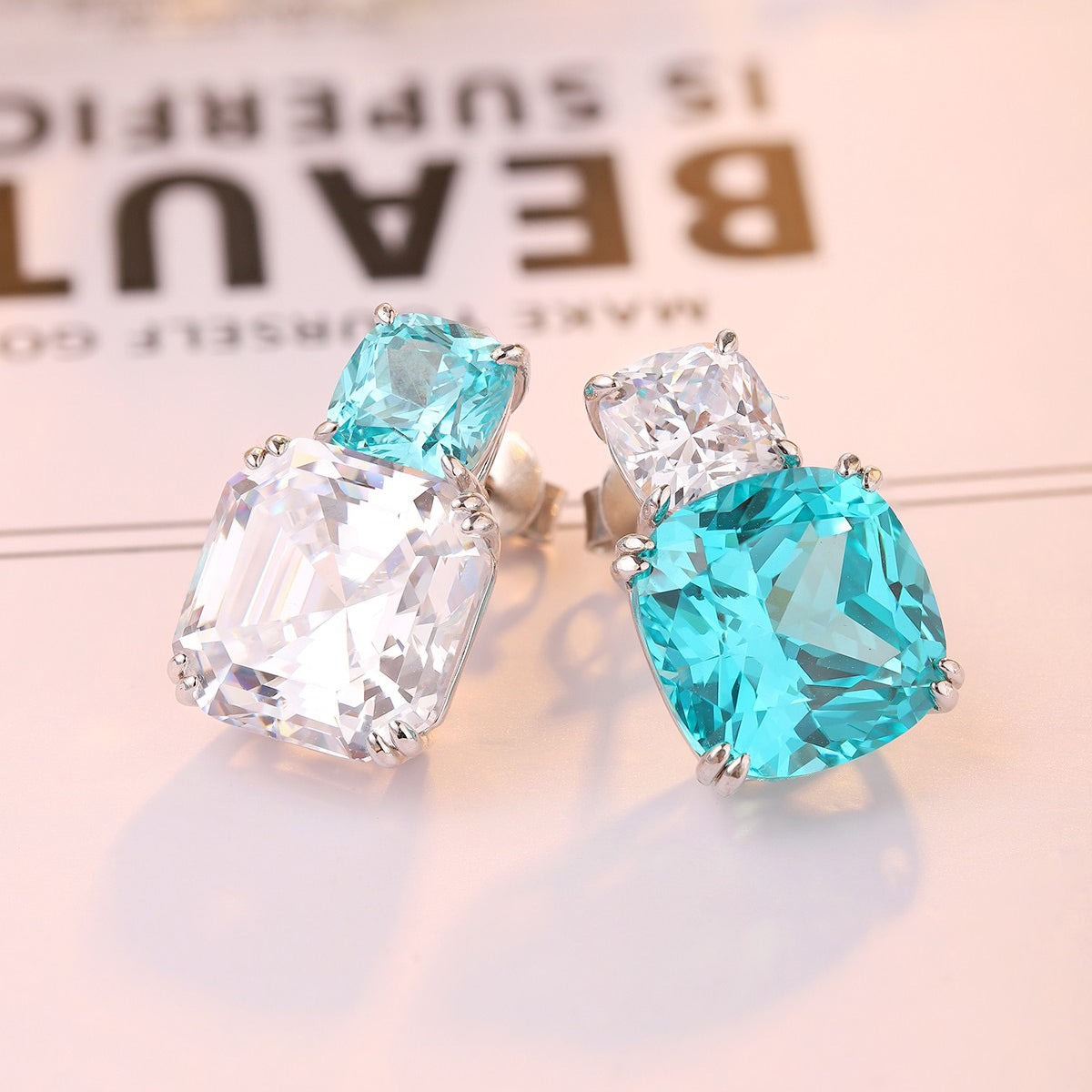 12*12mm neon blue paraiba & cz diamond earrings s925 sterling silver,ocean blue gemstone earrings,statement blue stone jewelry,gift for her