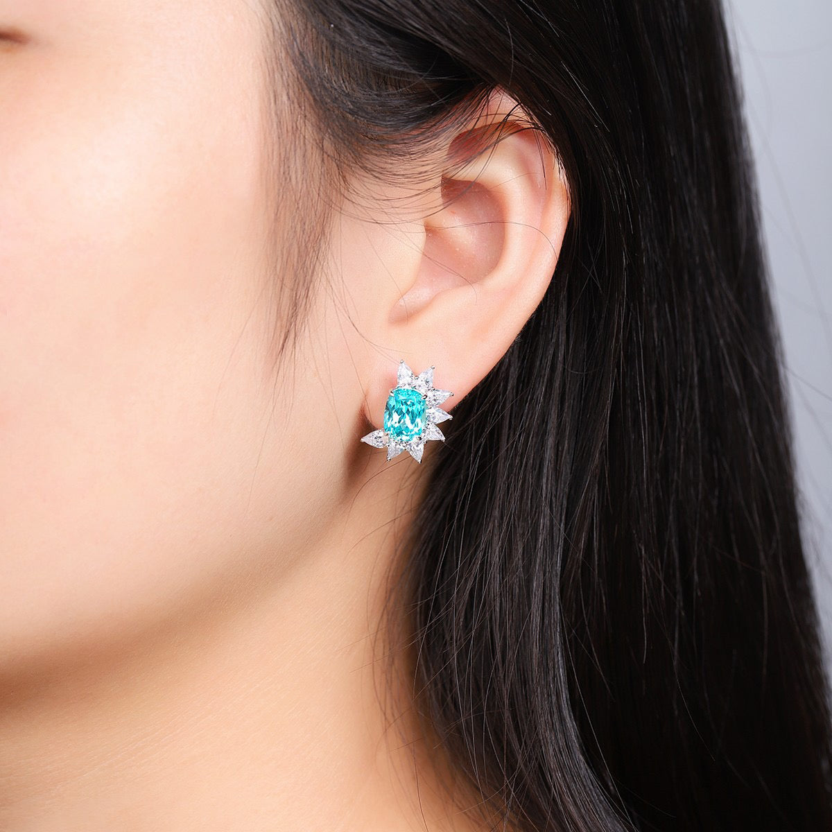 s925 sterling silver lab emerald/ruby/sapphire/paraiba & cz diamond stud earrings