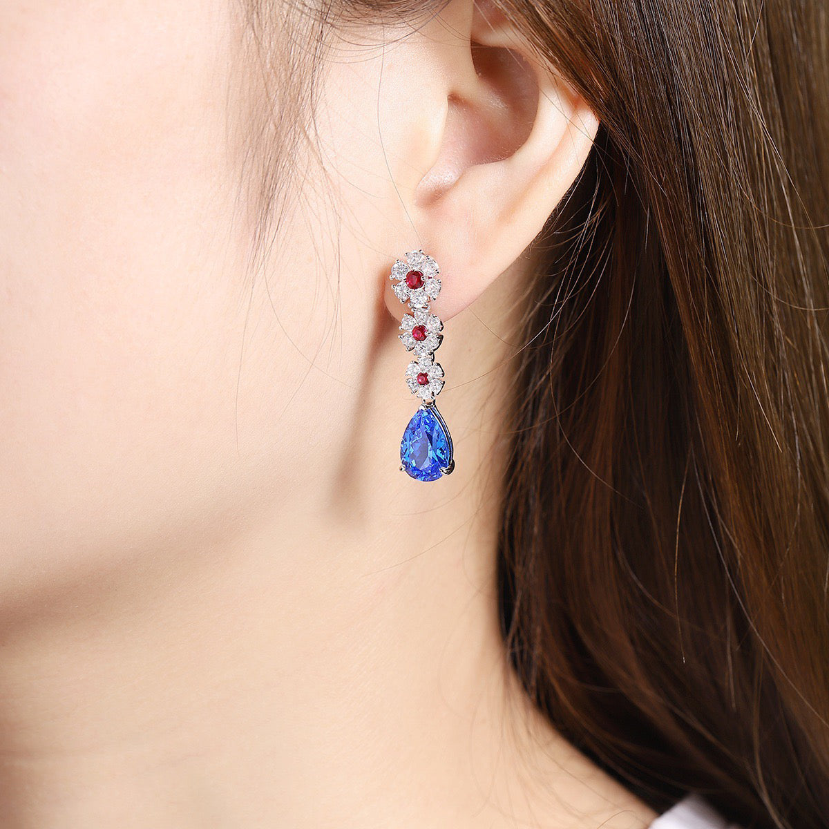 s925 sterling silver lab emerald/ruby/sapphire/cobalt spinel & cz diamond earrings