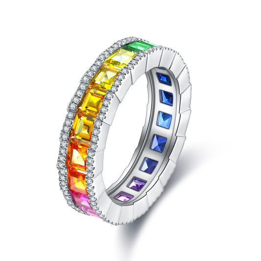 S925 Sterling Silver Rainbow Sapphire Ring – Full Eternity Multicolor Ring – Rainbow Princess Band –Colorful Gemstone Ring for Women